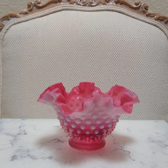 Antique Cranberry Opalescent Hobnail Ruffle Vase - Picture 1 of 6